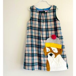 Mini Boden Checkered Dress with Dog Appliqué - Blue, Green, Yellow